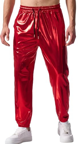 FEOYA Metallic Hose Herren Glänzende Disco Party Jogginghose Glitzer Glitzernde Festival Nachtclub Disco Hose mit Taschen Metallisch Glitzernde Abschlussball Streetwear Hosen Rot 3XL