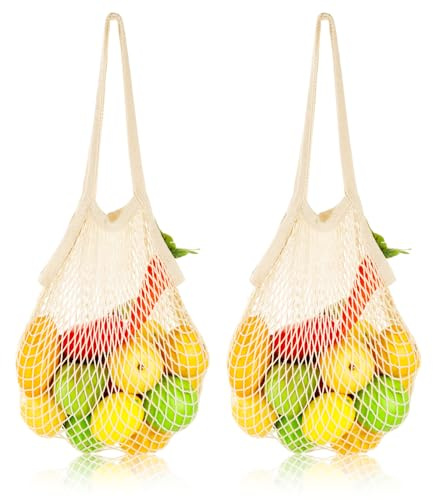 2 Stück Einkaufstasche Mesh Baumwolle Einkaufen, Einkaufstasche Netz Wiederverwendbar Tasche Sandspielzeug Tasche Einkaufsnetzbeutel mit Langem Griff, für Gemüse, Obst, Einkaufen, Spielzeug, Beige