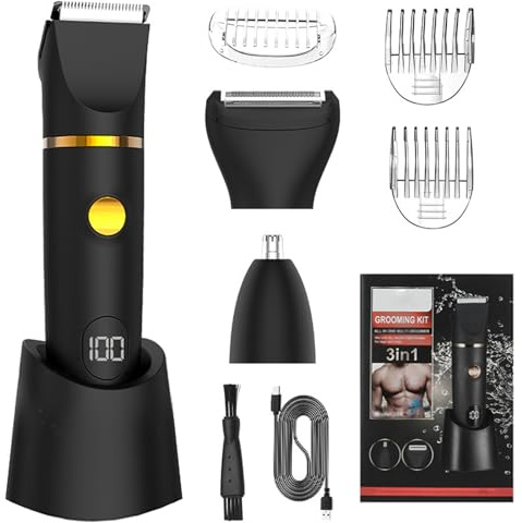 3 in 1 Electric Body Hair Trimmer for Men, 3 en 1 Tondeuse électrique pour hommes, Tondeuse Corps Homme Intime avec écran LED, Rasoir Barbe, Rasoir électrique étanche IPX7 pour Voyage