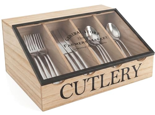 Maison Des Cadeaux Vintage Farmhouse Style 4-Section Wooden Utensil Caddy for Countertop Dining Table, Flatware Organizer