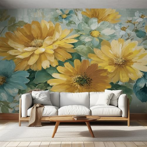 Chrysanthemum Photo Wallpaper for Bedroom, Oil Painting Chrysanthemum Flower Wall Mural for Living Room, Green Yellow Wallpaper 450x315 Nonwoven Wall Paper Home Decor W&33