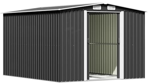 Triumphkey Metall Gerätehaus 247x301x178cm mit Stahlfundament, 13.2m³ Großes Geräteschuppen mit Satteldach, Farradgarage, Gartenschuppen für Rasenmäher, Wetterfest, Anthrazit