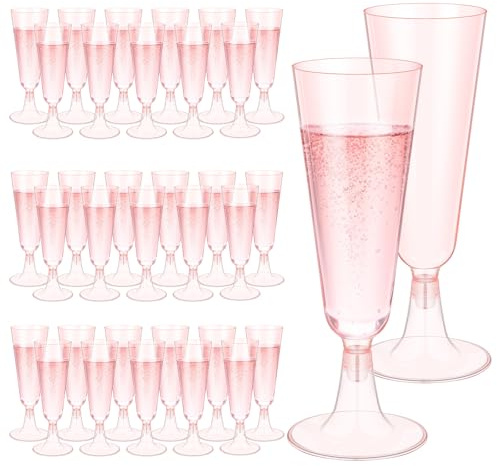 ALEXPRE 50Pcs 150ml/5oz Pink Plastic Champagne Flutes | Plastic Prosecco Glasses, Reusable Champagne Glasses, Plastic Wine Glasses for Parties Weddings Birthdays Picnic Christmas