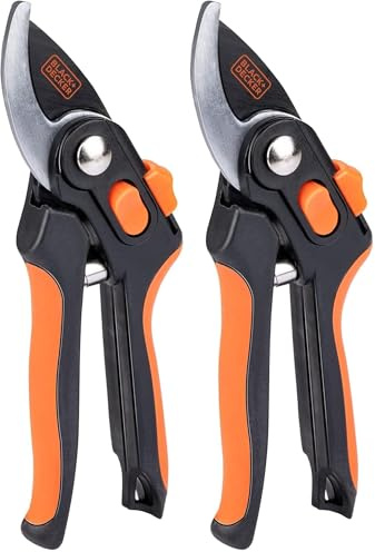 BLACK+DECKER Gartenschere - 20.3 CM - Gehärtete Stahlklingen - 13 MM Schnittstärke - Schwarz/Orange (Packung mit 2)