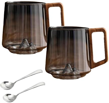 RUTYAUB Smokey Gray Glass Slanted Coffee Cups with Wooden Handle, Creative Wonder Mountain Bottom Wood Handle Cup for Water Glass Mug for Coffee & Tea Lovers (c-2pcs)