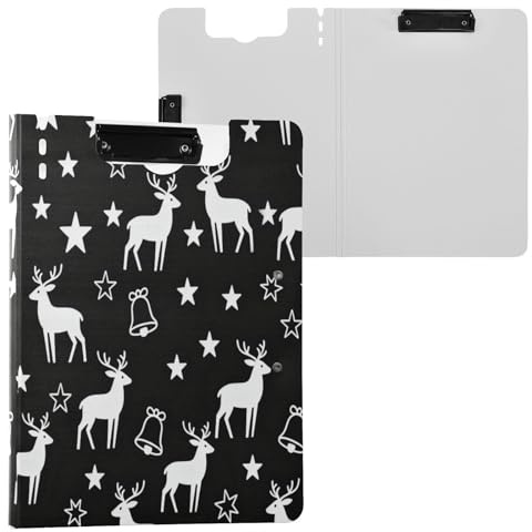 Cartella portablocco bianco e nero con renne e stelle, formato A4, con doppia clip, portapenne, lavagna con clip per infermieri, con copertina