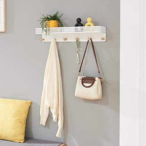 [en.casa] Wandgarderobe mit Ablage Jäller Metall Garderobenleiste mit 6 Haken aus Bambus Flur Garderobenpaneel 60 x 14 x 12 cm Wandregal Rattan-Optik Weiß