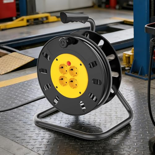 Bobina de casete de 4 enchufes con soporte, 25 metros, rollo de cable de extensión, bobina de cable de alimentación retráctil enrollable, corte térmico, potencia de trabajo, enchufe europeo de 13 A