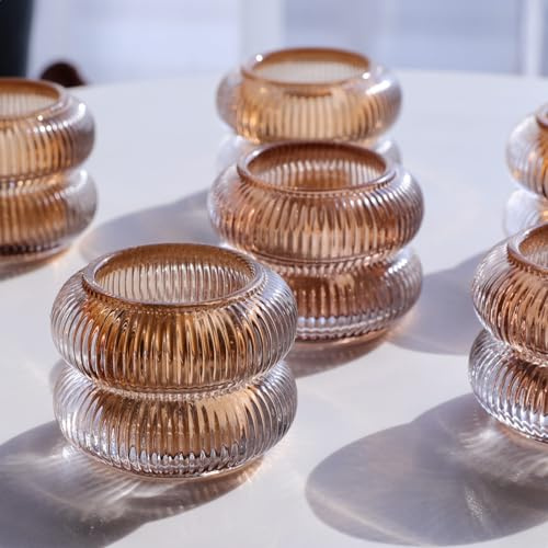 Lot de 6 photophores en verre marron nervurés comme décoration de table | Vohocandle Bougies chauffe-plat ambrées pour la décoration d'automne, anniversaire, Thanksgiving et Noël (7 cm l x 5,5 cm H)