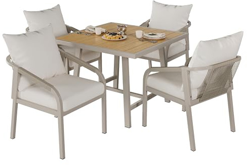 DRIXNO Gartenlounge Set, Garten-Essgruppe für 4 Personen, 1 Tisch und 4 Stühlen, Verzinktem Stahlrohr, Tischplatte aus Kunststoffholz, Balkonmöbel für Veranden, Innenhöfe, Terrassen