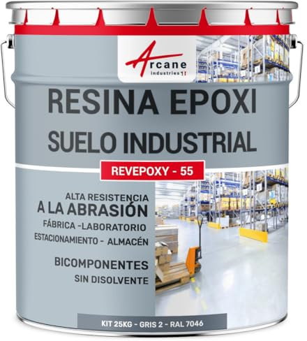 ARCANE INDUSTRIES Pintura epoxi para suelos industriales - REVEPOXY TRÁFICO INTENSO - 25 kg (hasta 50 m² en 2 capas) Telegris 2 - RAL 7046