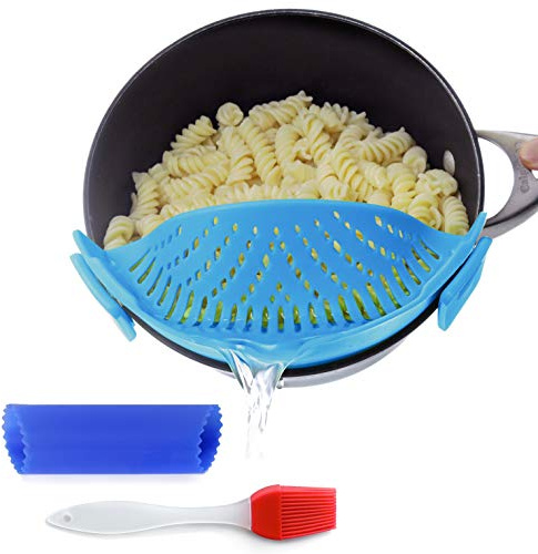 Clip On Kitchen Food Strainer for Spaghetti, Meat, Pasta, & Ground Beef Grease, Colander & Sieve Snaps or Clips Onto Bowls, Pots & Pans Includes Silicone Drainer, Brush & Garlic Peeler (LtBlue)