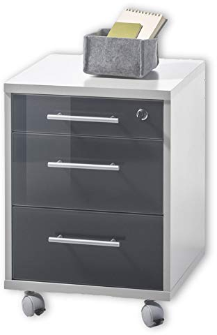 Stella Trading OFFICE LUX Rollcontainer abschließbar, grau mit graphit lackierter Glasfront - Mobiler Büroschrank mit 3 Schubladen - Modernes Büromöbel Komplettset - 40 x 56 x 40 cm (B/H/T)