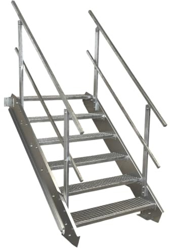 SRM Design 6 Stufen Stahltreppe mit beidseitigem Geländer Breite 90 cm Geschosshöhe 90-120 cm feuerverzinkt robuste Außentreppe Wangentreppe stabile Industrietreppe für den Innen- und Außenbereich