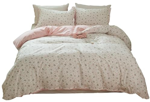 Girl Floral Duvet Cover Twin Pink White Flower Print Bedding Sets Garden Style Flower Comforter Cover Cotton Aesthetic Bedding Cover Chic Floral Bedroom Collection 1 Duvet Cover with 2 Pillowcases