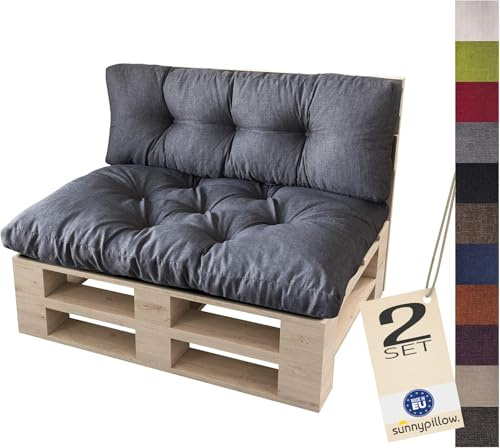 sunnypillow Set 2 Coussins pour Palette Euro Canapé Jardin Salon - Siège 120 x 80 x 12 cm + Appui 120 x 40 x 15 cm - Extérieur - Différentes Tailles et Couleurs à Choisir Assise Dossier - Anthracyt