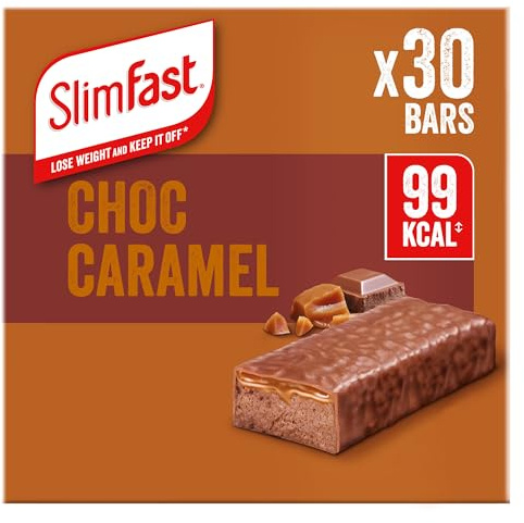 SlimFast • Snack Bar • Chocolate Caramel Flavour • 99 Kcal • 30 x 25g Bars | Chocolate Caramel Flavour Snack Bars • High Protein Snack • Low Calorie Treat • Portion Controlled • Weight Control