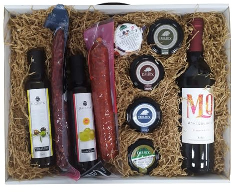 Cesta gourmet regalo original para sorprender al destinatario/a, regalo cumpleaños o cualquier evento. Un lote con productos ibéricos y vino, aceite, vinagre, cremas de quesos, patés y mermelada.