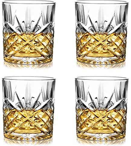 Amisglass Juego de Vaso de Whisky, Vaso Set 4 Piezas de Cristal Sin Plomo para Whisky, Vino, Vaso Clásica para Licores Whisky con Cuerpo Grabado, Cócteles y Jugo - 300 ml