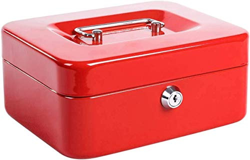 JORSION Locking Medium Steel Cash Box with Money Tray,Lock Box (Red)