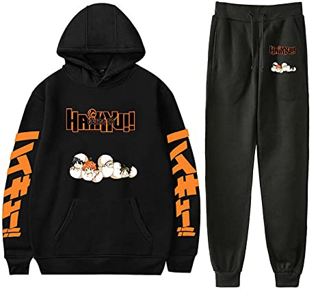Flyself Japanese Anime Haikyuu Hoodie und Hose Jogginganzug Sportanzug Trainingsanzug Karasuno High School Hinata Shoyo Kostüm Kageyama Cosplay Kostüm Kapuzenpullover Fitness Outfit 2 Stück Sets