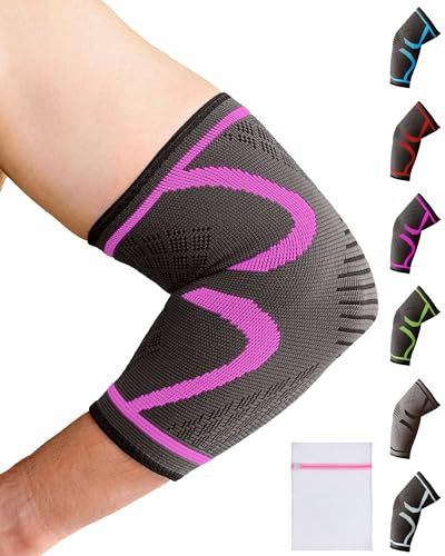 360 RELIEF Elbow Support for Men, Women, Kids, 1 Pack Compression Elbow Sleeve for Tennis, Golfers, Sports, Fitness, Gym, Weightlifting, Small, Pink + Laundry Bag