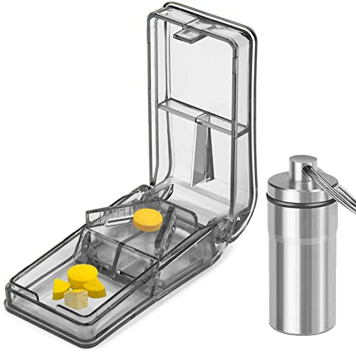 JohnBee Pill Cutter | Best Pill Cutter for Small or Large Pills | Designed in The USA| Cuts Vitamins | Pill Splitter with Shield | Includes Keychain Pill Holder (Gray)