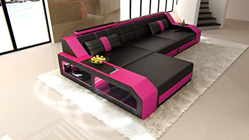 Ledersofa Arezzo L Form Sofa - mit LED Beleuchtung, verstellbare Kopfstützen, Recamiere/Lederfarben wählbar/Ausrichtung Ottomane wählbar (Ottomane Links, Schwarz-Pink)