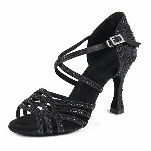 Syrads Donna Peep Toe Cross Strap Strass Tango Social Ballroom Scarpe da Ballo Latino Scarpe da Ballo per Feste di Matrimonio,Nero 9cm Heel,38 EU