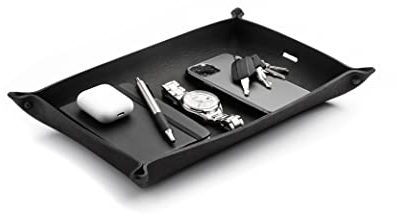 Main Street Forge Leather Valet Tray for Men – Rustic EDC Organizer for Keys, Phone & Wallet – Made in USA – Midnight Black