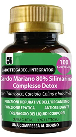 Cardo Mariano 80% Silimarina Complesso Detox 100 Compresse 1 al dì | con Tarassaco Carciofo Colina Inositolo | Senza Glutine | Depurativo Fegato LABOTTEGADEGLIINTEGRATORI ®