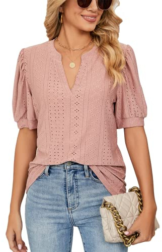 EDOTON Camiseta Mujer Manga Corta Cuello V Corto Sólido Manga Hueca Burbuja Camisa de Punto Camisetas Mujer S-XXL