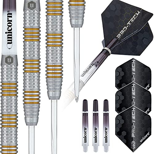 ‎Unicorn Steeltip Dartpfeile Set | Pro-Tech Style 3 | 90% natürliches Wolfram Barrels mit goldenen Akzenten & Volute Points | 25g
