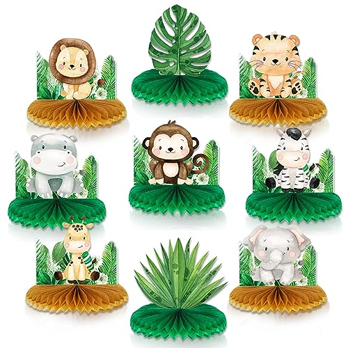 VillyVida 9 Stück Safari-Waben-Mittelstücke, Dschungeltiere Babyparty-Dekorationen für Jungen, Safari-Motto-Geburtstagsparty-Zubehör, Wild One-Geburtstagsparty-Dekorationen für Jungen und Mädchen