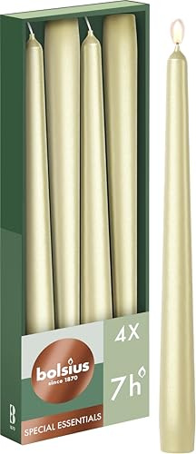 Bolsius - 4 bougies pointues lisses - Métallisé argenté - Bougies décoratives - Durée de combustion : 7 heures - Sans parfum - 50% Cire végétale naturelle - Sans huile de palme - 24.5 cm