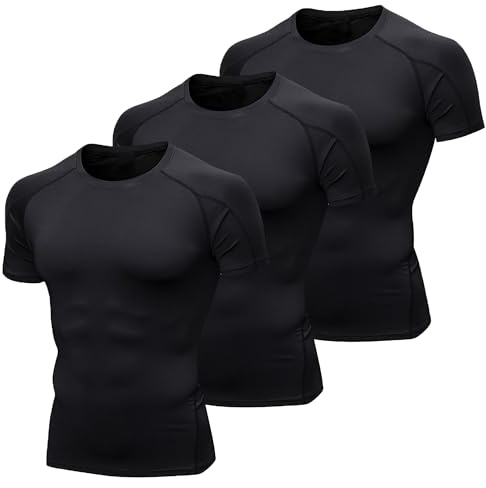 YUSHOW 3-pack kompressionströja män kortärmad sportskjorta andningsbar funktionell skjorta snabbtorkande löpartröja träning män t-shirt sommar löpning fitness gym, Svart (3-pack), L