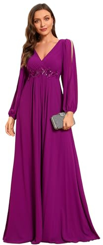 Ever-Pretty Vestido de Fiesta Talla Grande Largo para Mujer Escote V Manga Larga A-línea con Apliques Fucsia 54
