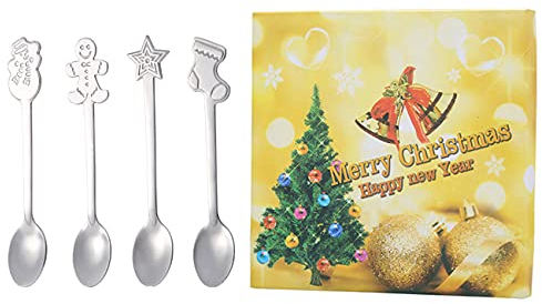 Ice Cream Spoons Set of 4 Stainless Steel Latte Spoons for Latte Coffee Hot Chocolate Hot Drinks 12.9cm Christmas Decorations Shape (Silver)