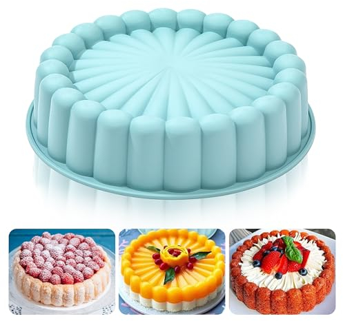 Heveer Silicone Charlotte Cake Pan 10 Inch Nonstick Round Silicone Molds Reusable Cake Mold Fluted Cake Pan for Baking Strawberry Shortcake Cheesecake Blue