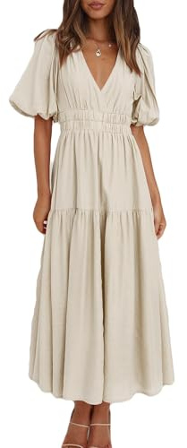 MessBebe Women's Summer Maxi Dress Puffy Sleeve V Neck Boho Party Beach Tiered Ruffle Flowy Long Smocked Dresses