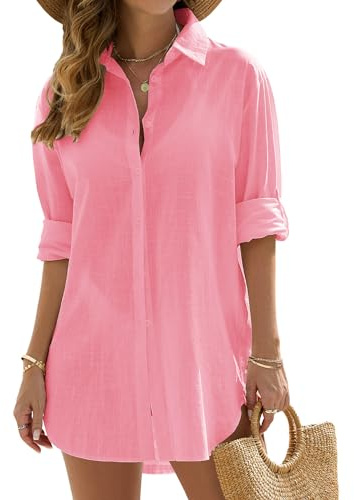 Vancavoo Vestidos de Playa Mujer Camisolas de Playa Bikini Cover Up Camisas de Manga Larga Suelta Pareos de Casual Color Sólido Blusa con Botón para Verano