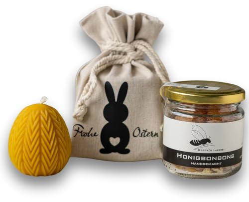 Gregas Imkerei Oster-Honig-Geschenkset – Ostersäckchen mit Hase, 250 g Honigglas deiner Wahl und Osterstern Bienenwachskerze – perfektes Mitbringsel & Geschenk für Ostern. (Honigbonbons 120 g)