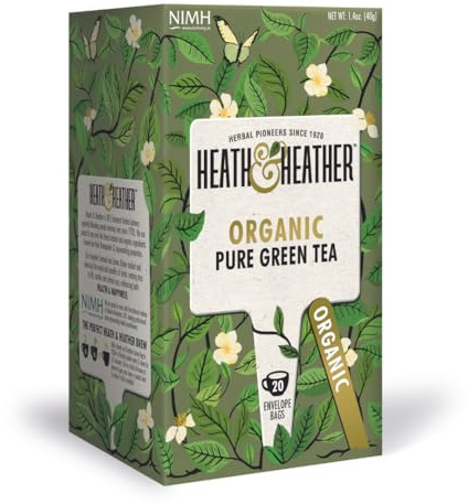 Heath & Heather Organic Pure Green Tea | Individually Wrapped Caffeine-Free Herbal Tea Infusions | 1 Pack of 20, Total 20 Tea Bags