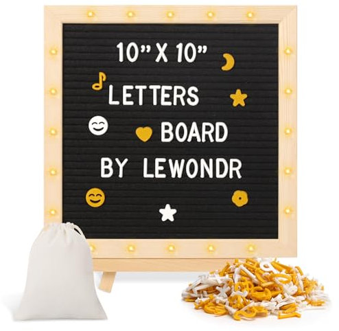 Lewondr Letter Board, 25 x 25 cm Holz Filz Letterboard, Auswechselbar Buchstaben Tafel mit 20 LED Lichter & 340 Buchstaben Zahlen Sonderzeichen, Buchstabentafel Buchstabenbrett Message Board, Schwarz