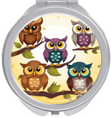 NWGHM Reisespiegel Eulen Vögel Make-up Spiegel Doppelseitiger Kompaktspiegel Tragbar 1x/2x Vergrößerungsspiegel Metall Taschenspiegel für Geldbörse Tasche Reise Geschenk 6,1 cm