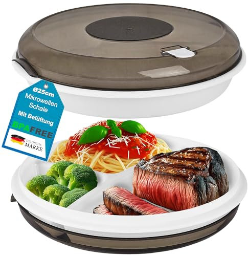 My-goodbuy24 Stoviglie per forno a microonde, con 3 scomparti, coperchio con ventilazione, senza BPA, molto stabili e infrangibili, diametro 24,7 cm, multiuso, 2 pezzi