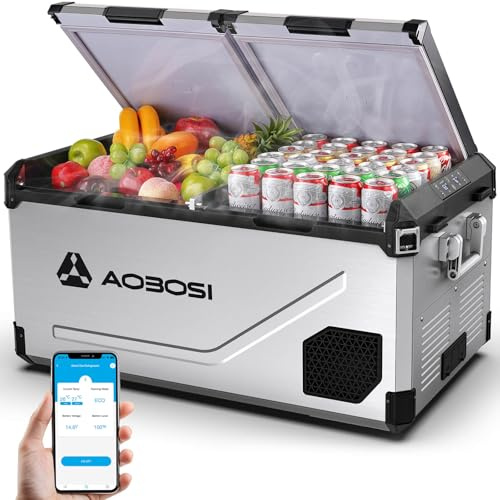 AAOBOSI Kompressor Kühlbox 95L Edelstahl, mit APP, -20°C bis 20°C, 12V 230V | Edelstahl-Gehäuse, APP-Fernsteuerung, Kompressor-Kühlbox -20°C bis 20°C, LED, leise, 12V 24V 230V AC