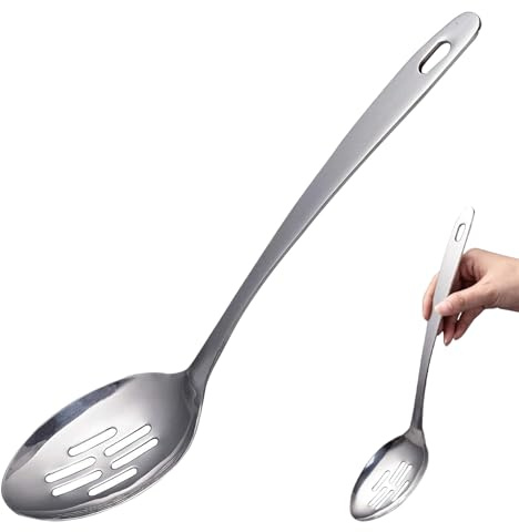 Schlitzlöffel Edelstahl 33 cm, Abseihlöffel mit langem Stiel, Sieblöffel Schaumlöffel zum Abschöpfen von Suppe, Nudeln und Gemüse, Küchenhelfer zum Kochen und Braten, spülmaschinenfest