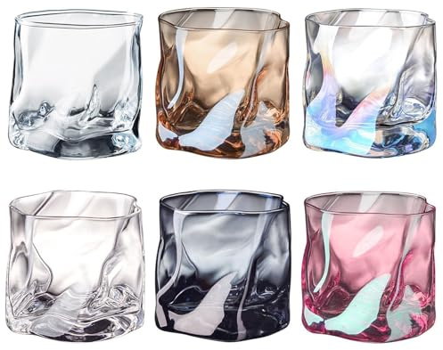 LOITTAINUE Glasögonset i 6 delar 200 ml – oregelbundna kristallwhiskyglas – dricksglas iskaffeglas cocktailglas longdrinkglas vatten te kaffe juice – diskmaskinssäker (6 färger)