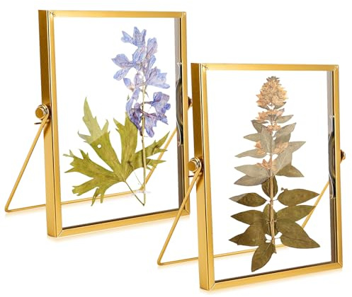 WANDGU Gold Doppelseitiger Bilderrahmen: 2 Stück 15 X 20 cm Glasrahmen für Gepresste Blumen, Messing Schreibtisch Bilderrahmen zum Aufstellen für Getrockneter Blumen Artwork Bild Display